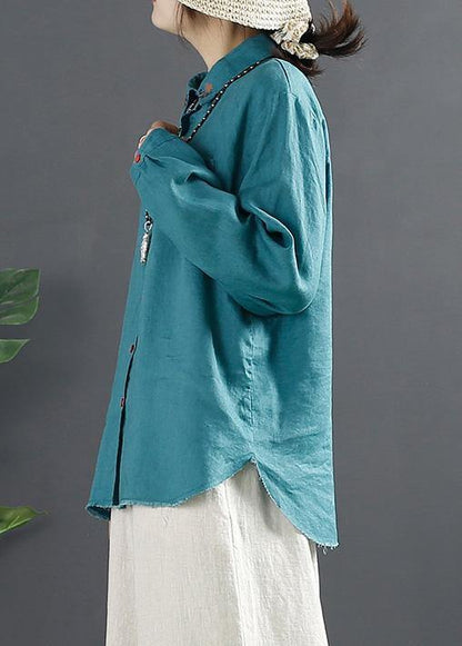 Beautiful Blue Blouses For Women Lapel Embroidery Baggy Blouse
