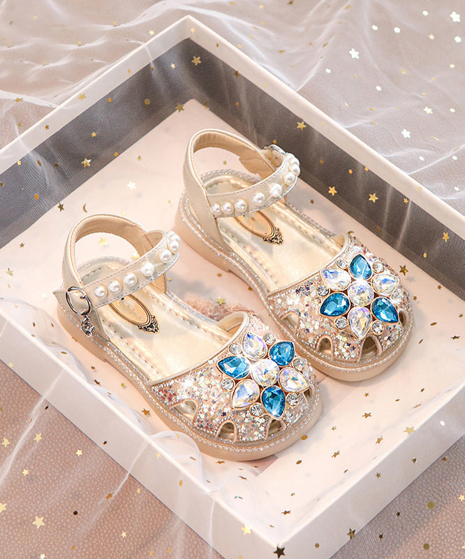 Blue Crystal Hollow Out Buckle Strap Flat Sandals