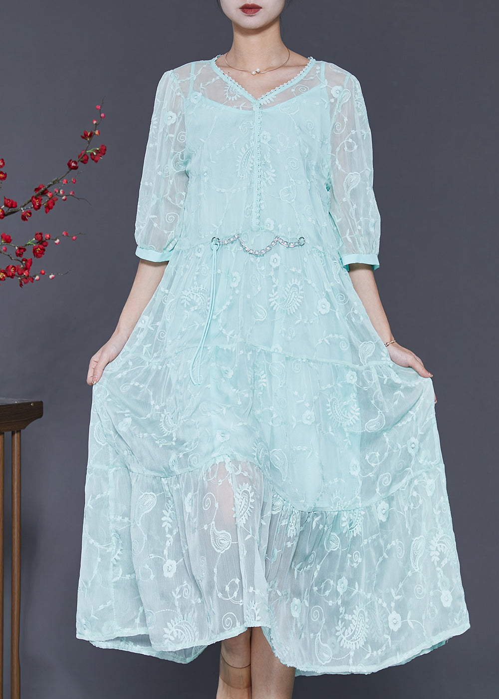 Blue Embroidered Silk Long Dress Half Sleeve