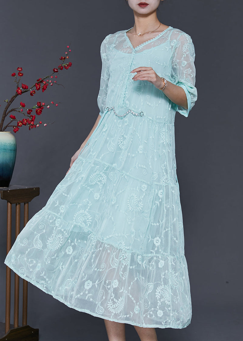 Blue Embroidered Silk Long Dress Half Sleeve