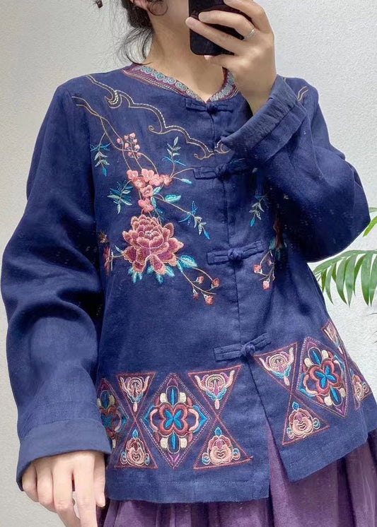 Blue Embroideried Oriental Button Linen Chinese Style Coats Spring
