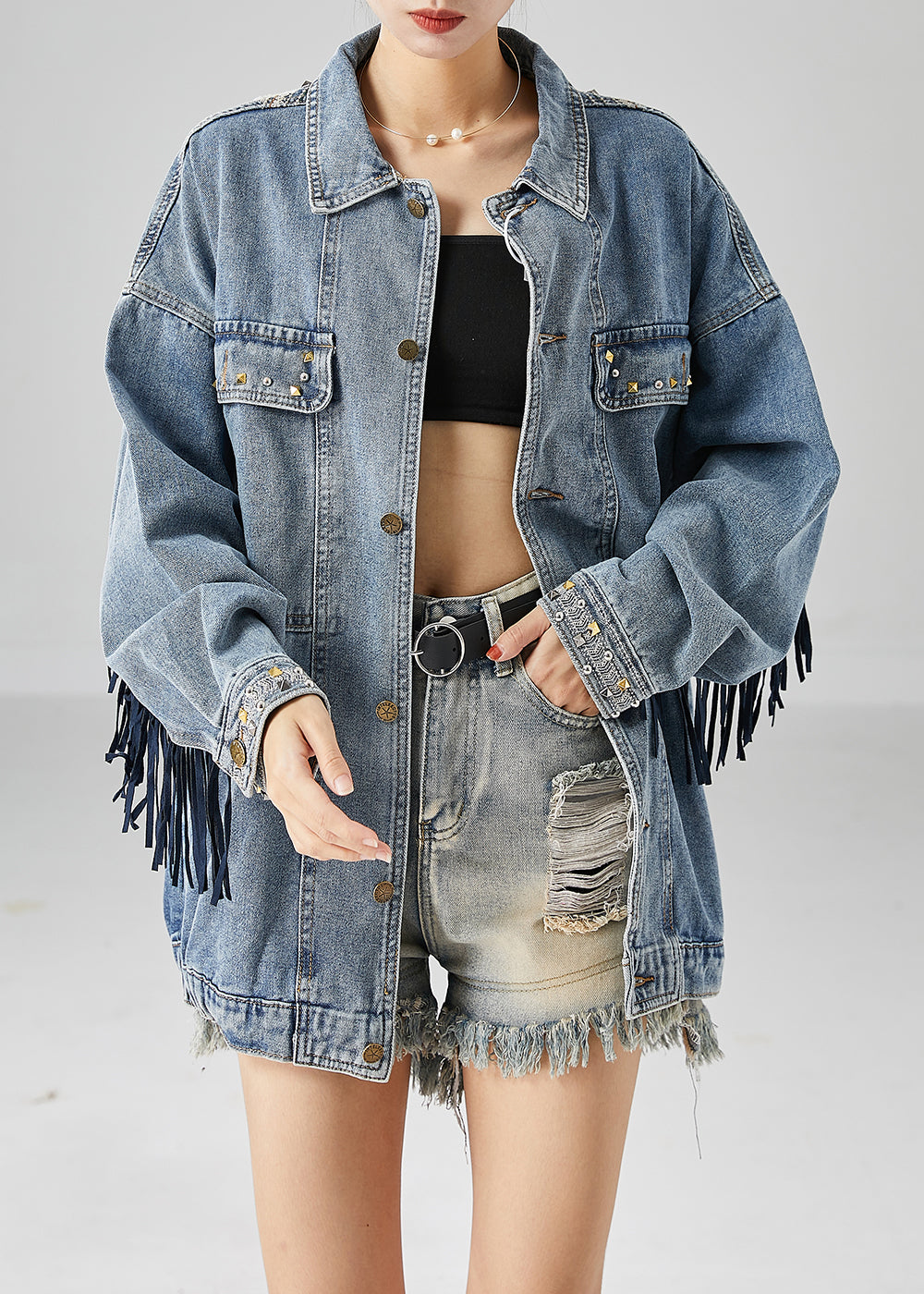 Blue Embroideried Patchwork Tasseled Denim Coats Fall