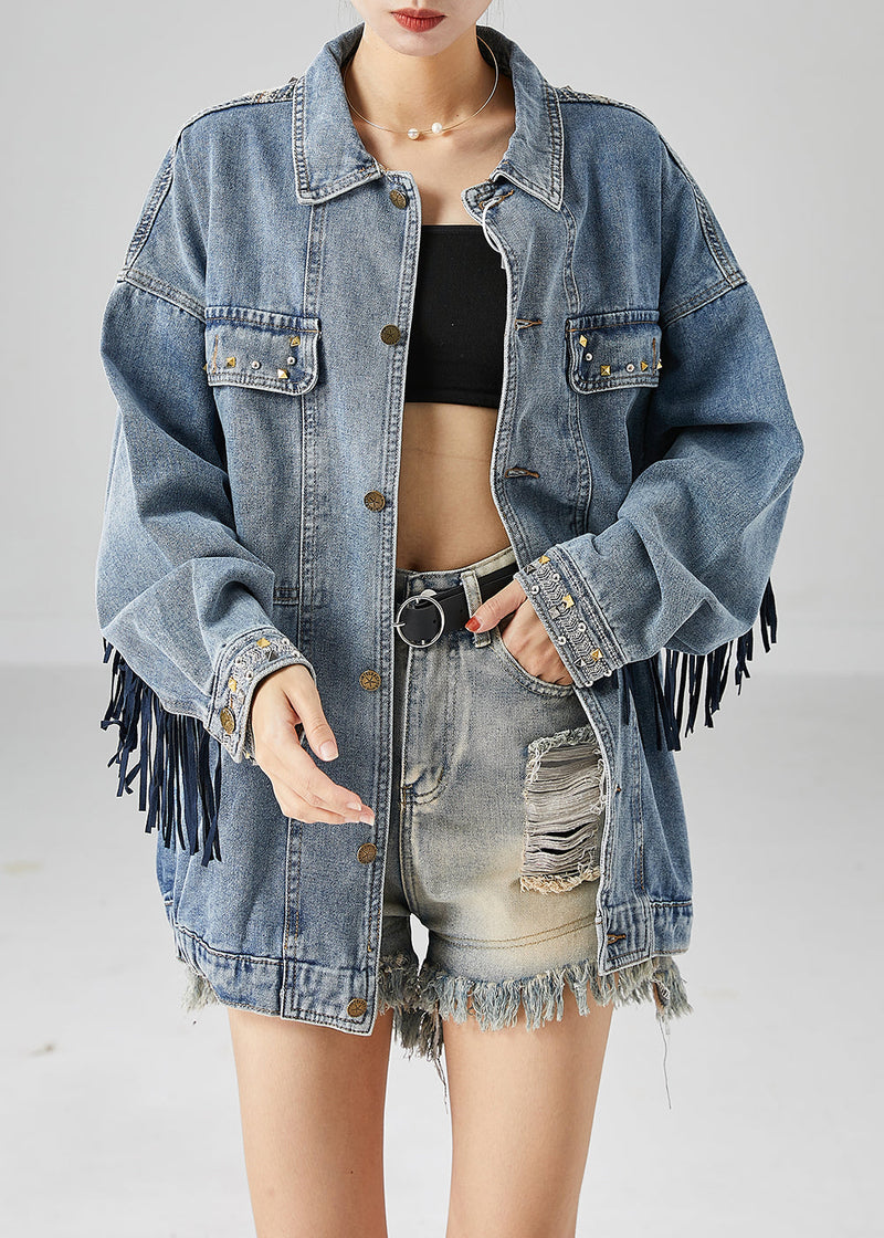 Blue Embroideried Patchwork Tasseled Denim Coats Fall