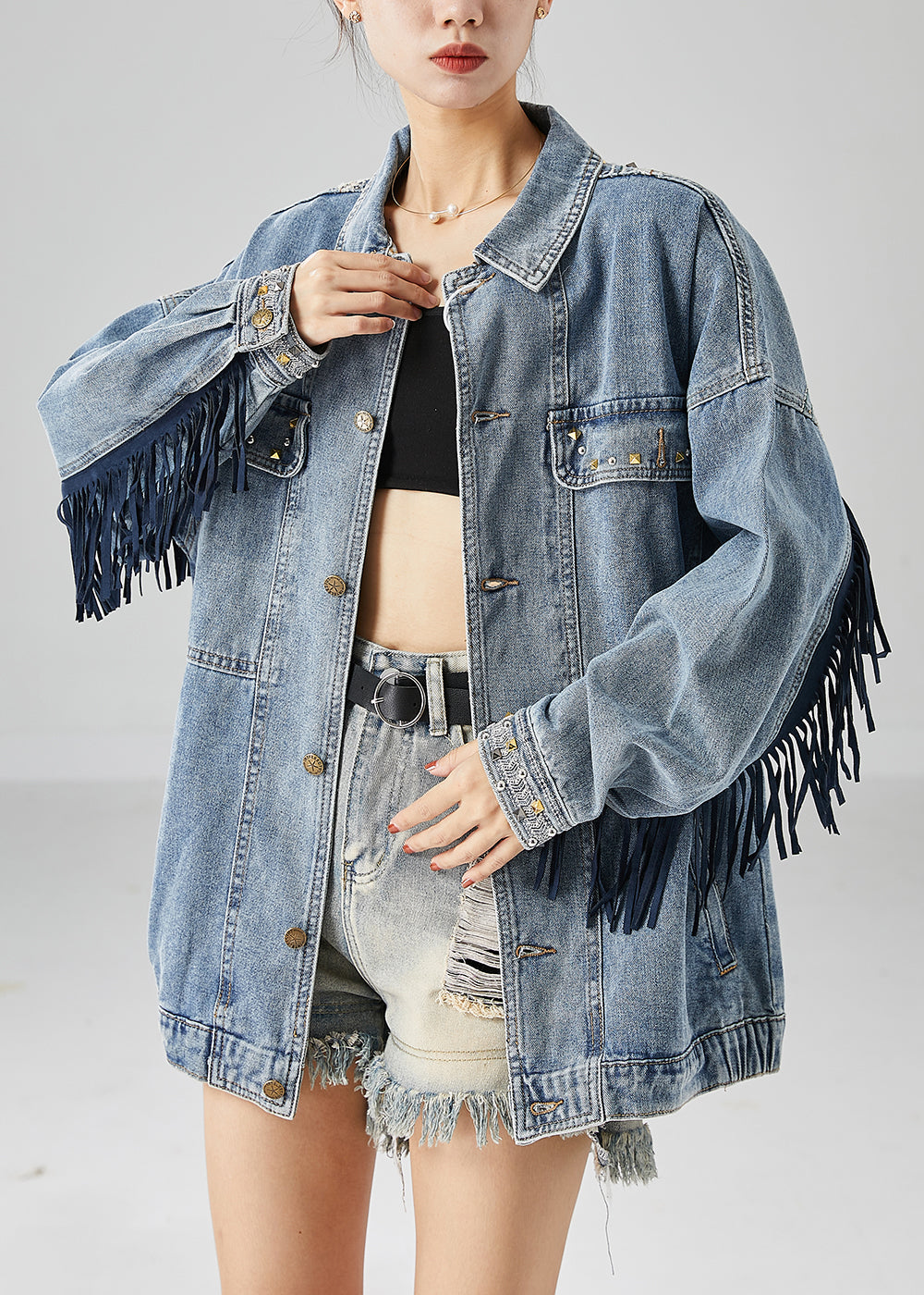 Blue Embroideried Patchwork Tasseled Denim Coats Fall