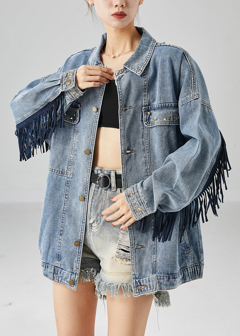 Blue Embroideried Patchwork Tasseled Denim Coats Fall