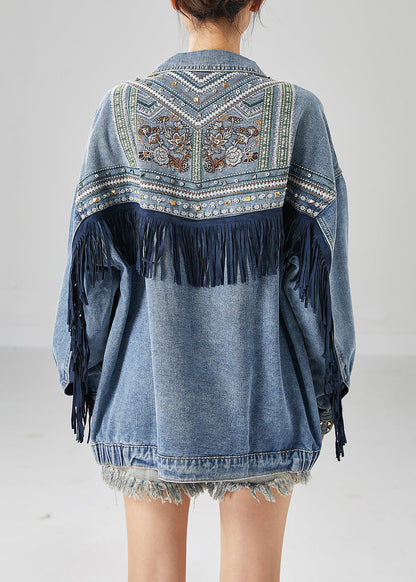 Blue Embroideried Patchwork Tasseled Denim Coats Fall