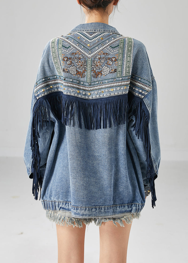 Blue Embroideried Patchwork Tasseled Denim Coats Fall