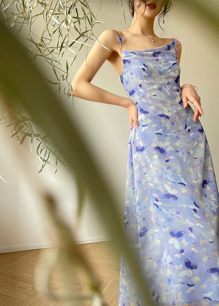 Blue Print Slim Fit Chiffon Holiday Spaghetti Strap Dress Summer
