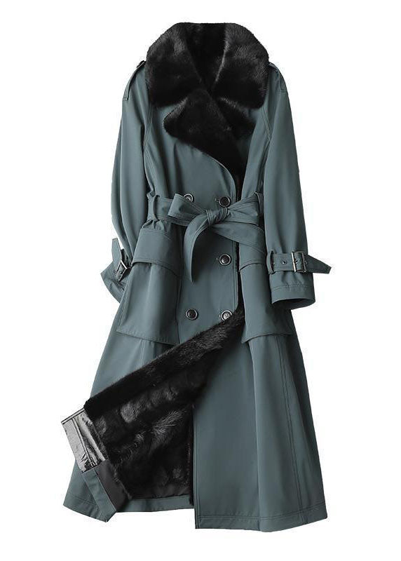 Blue Fox Collar Bouble Breast Pockets Sashes Leather and Fur Lengthen Parkas Winter