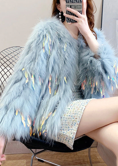 Blue Grey O-neck Tassel Leather and Fur Coats Winter