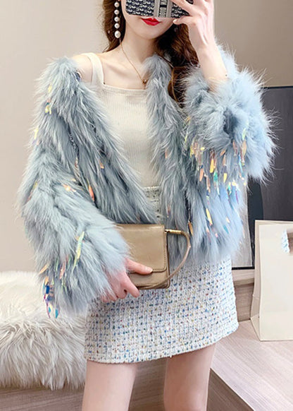 Blue Grey O-neck Tassel Leather and Fur Coats Winter