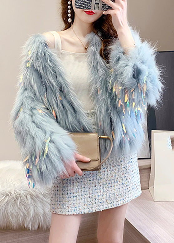 Blue Grey O-neck Tassel Leather and Fur Coats Winter