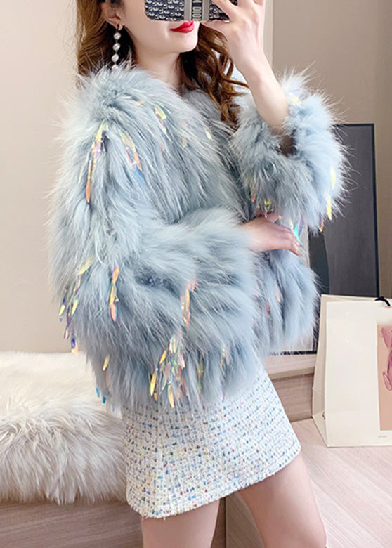 Blue Grey O-neck Tassel Leather and Fur Coats Winter