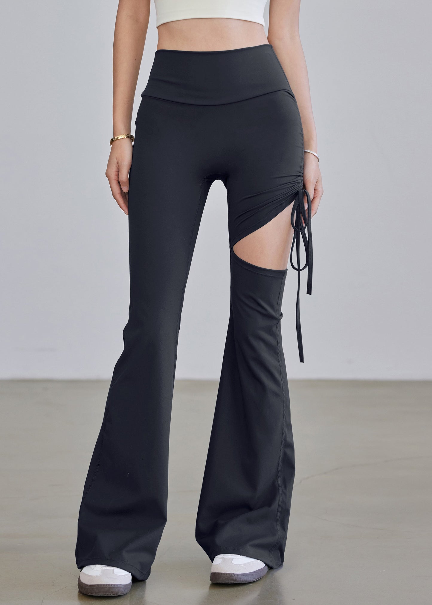 Blue High Waist Drawstring Hollow Out Yoga Pants