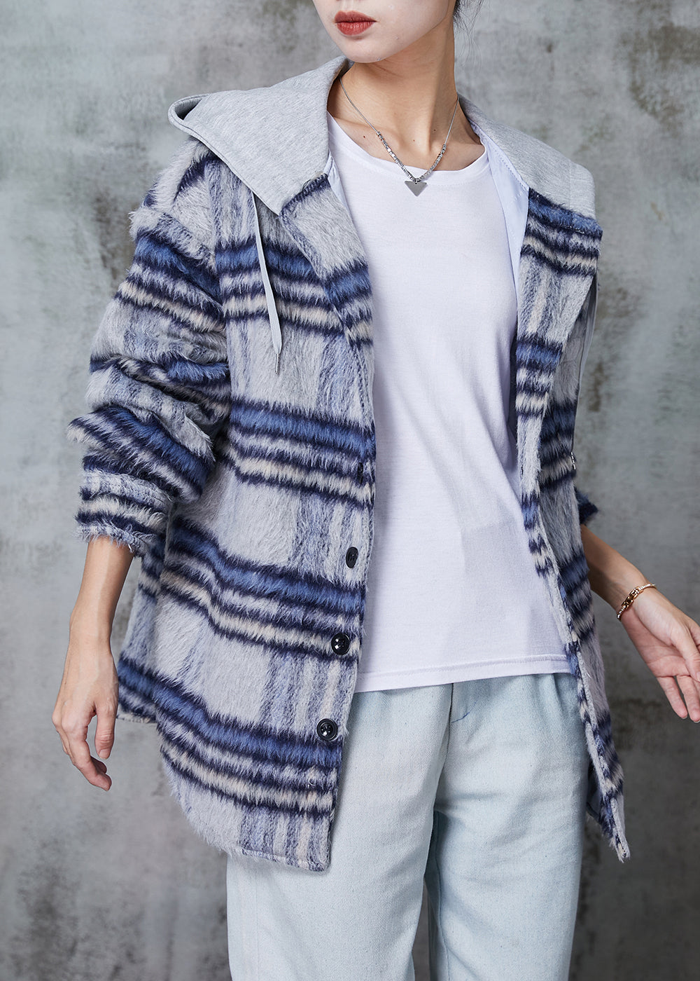 Blue Hooded Plaid Fine Cotton Filled Coat Winter