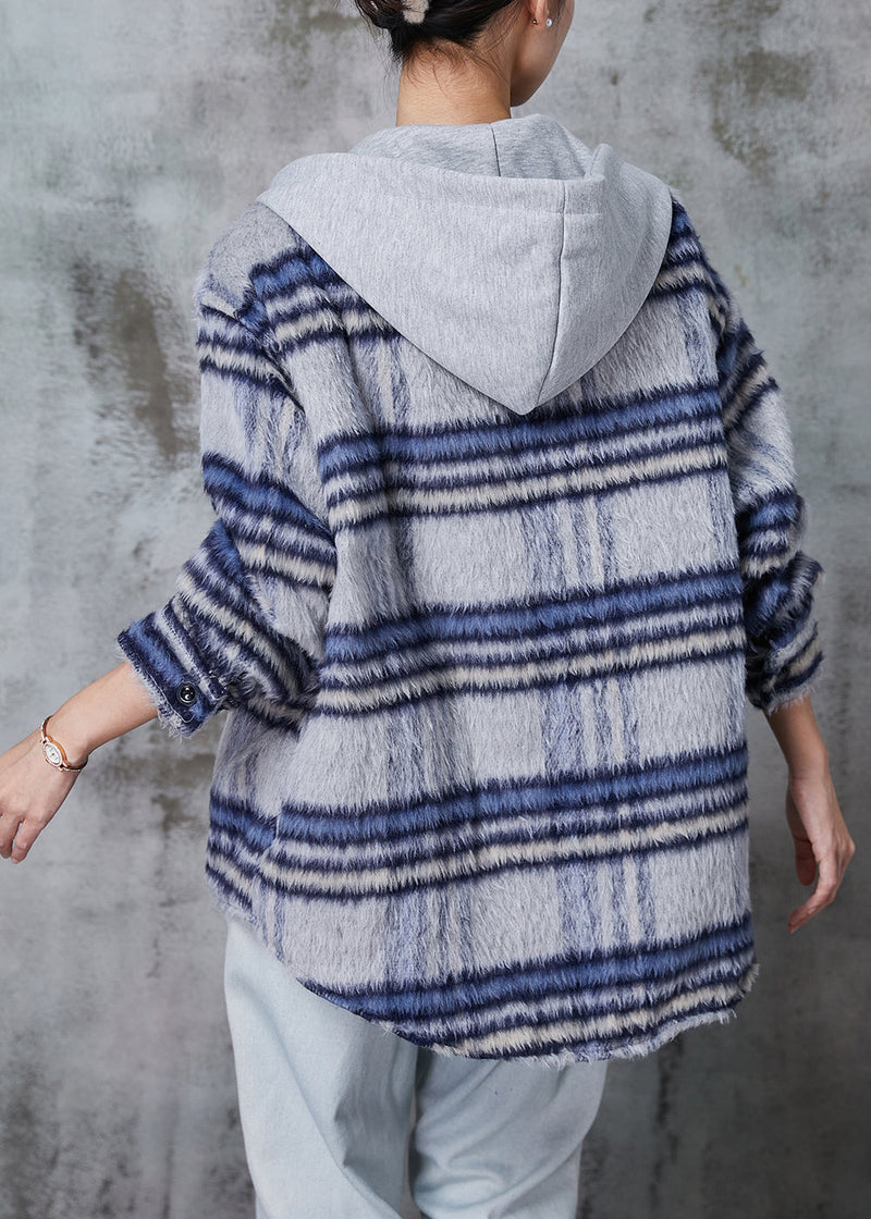 Blue Hooded Plaid Fine Cotton Filled Coat Winter
