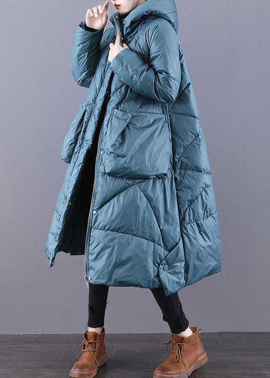 Blue-green Hooded Zippered Oversized Thick Cotton Blend Puffers Jackets Winter