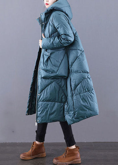 Blue-green Hooded Zippered Oversized Thick Cotton Blend Puffers Jackets Winter