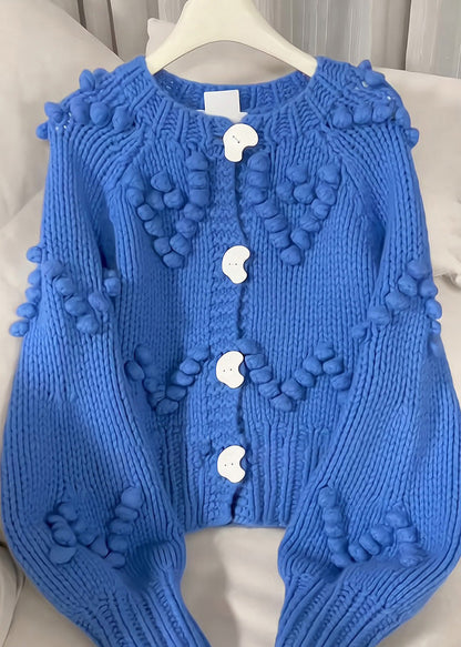 Blue O-neck Button Cotton Knit Cardigan Spring