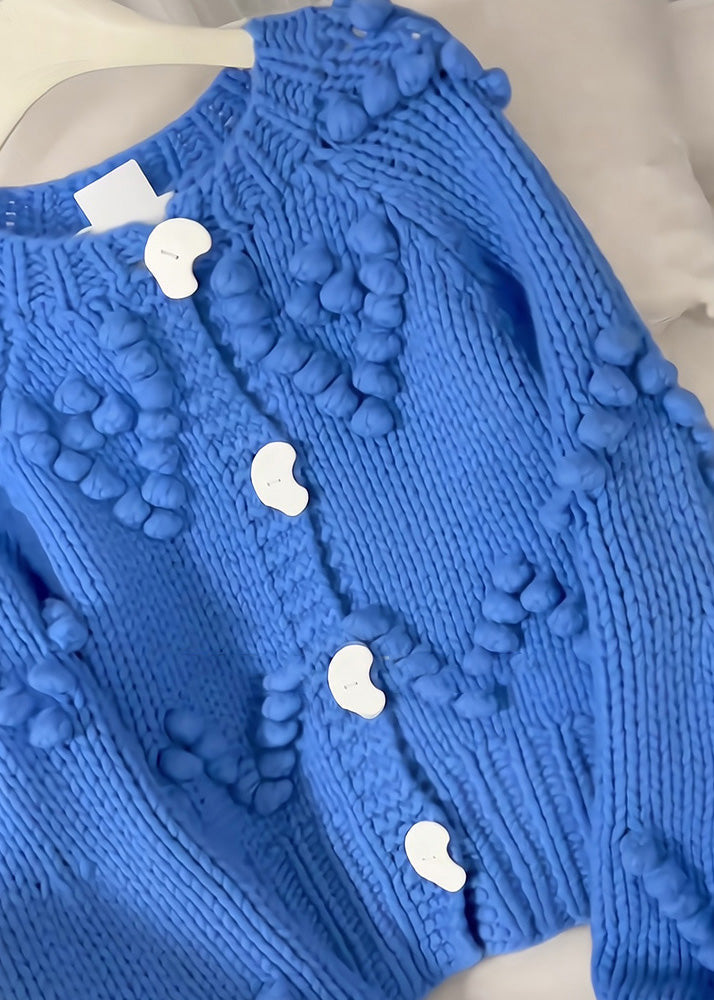 Blue O-neck Button Cotton Knit Cardigan Spring