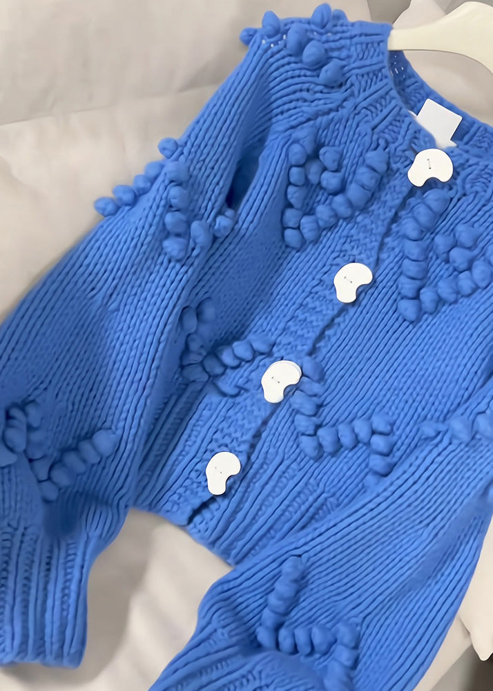 Blue O-neck Button Cotton Knit Cardigan Spring