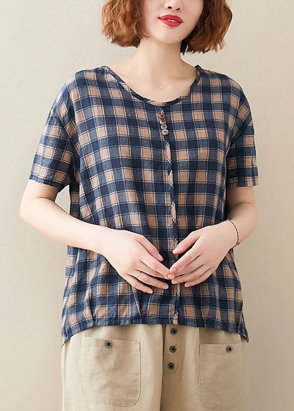 Blue O Neck Plaid Cotton T Shirt Top Short Sleeve