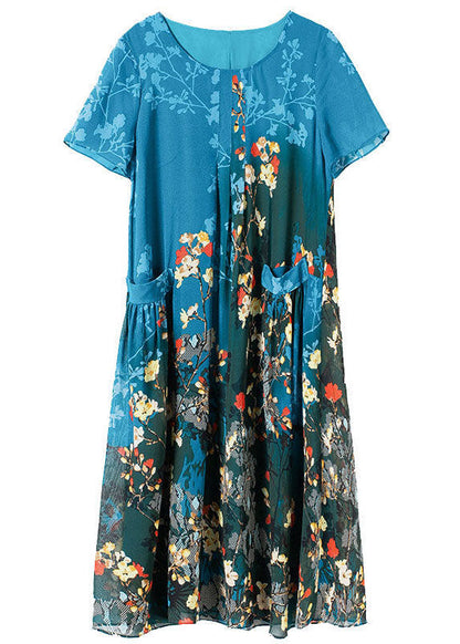 Blue O-neck Pockets Print Chiffon a Line Dress Short Sleeve
