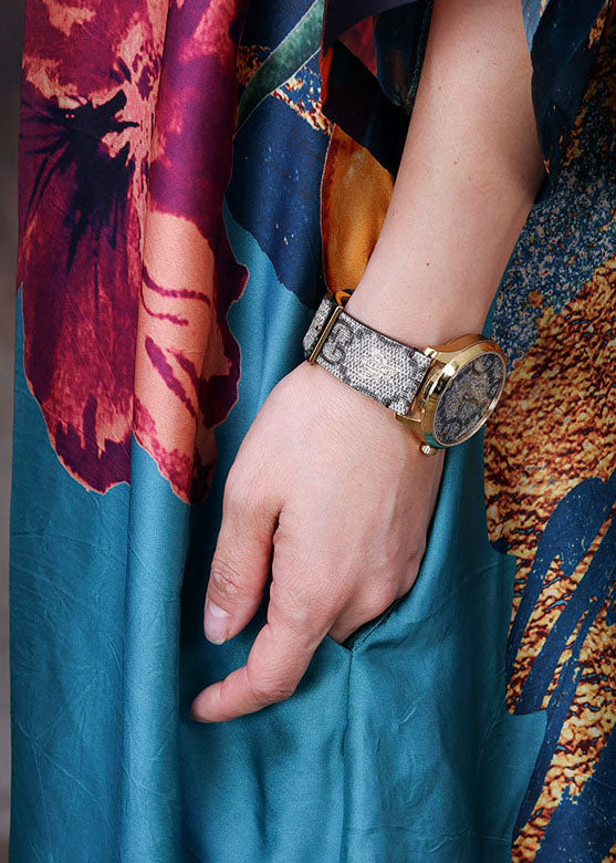 Blue O-neck Print Silk Long Dress Bracelet Sleeve
