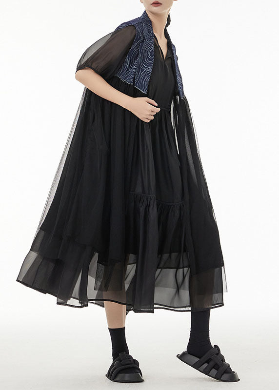 Blue Oversized Denim Patchwork Chiffon Cardigans Sleeveless