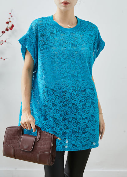Blue Oversized Hollow Out Lace Tanks Summer