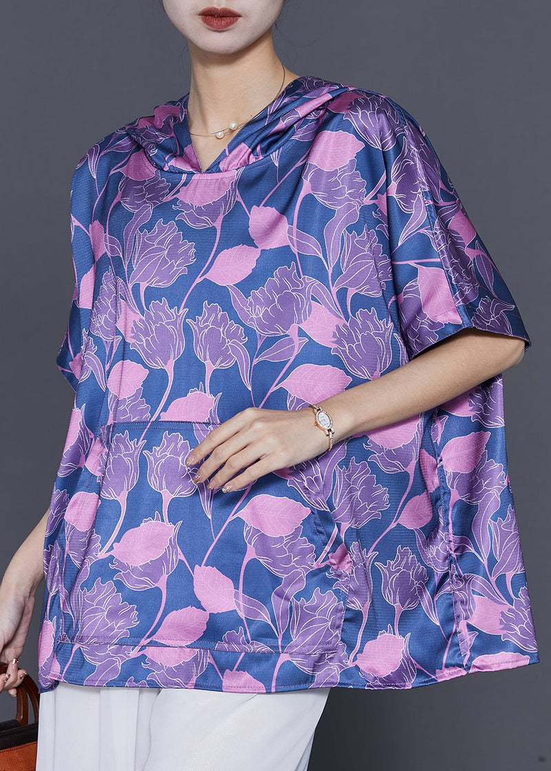 Blue Oversized Print Silk Shirt Blouse Summer
