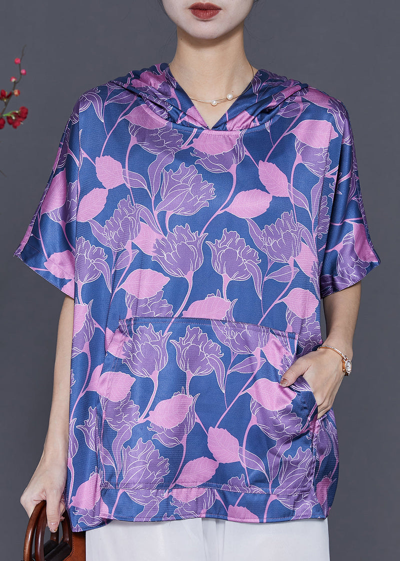Blue Oversized Print Silk Shirt Blouse Summer
