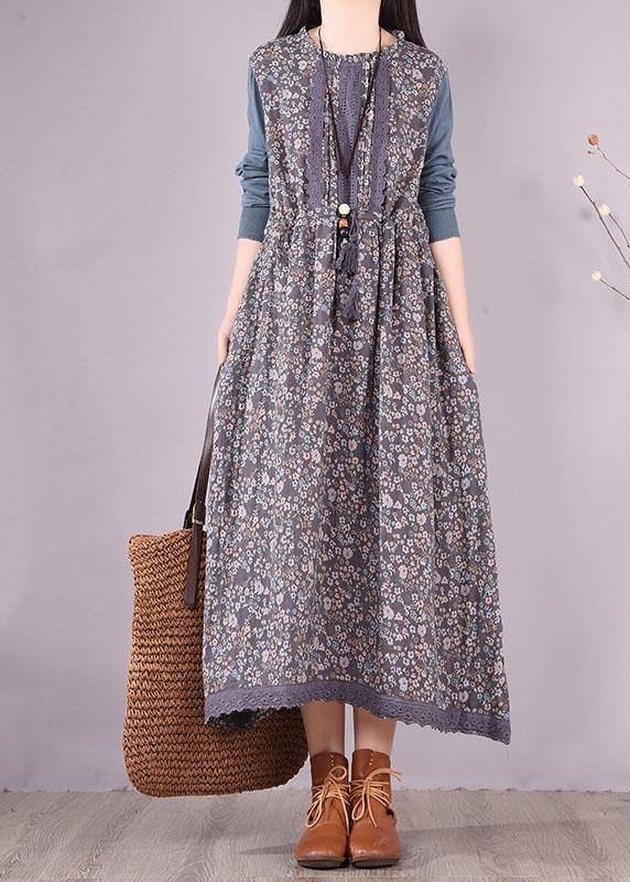 Blue Patchwork Print Dresses O Neck Lace Robe Spring Dresses