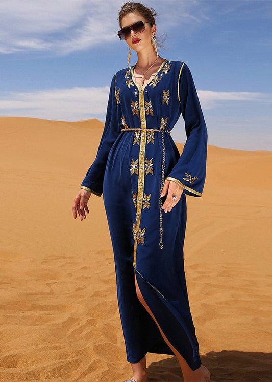 Blue Patchwork Sashes Zircon Long Dress Long Sleeve