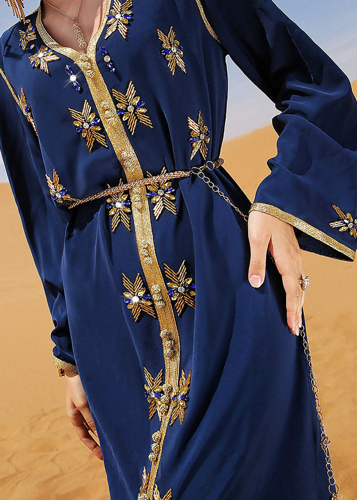 Blue Patchwork Sashes Zircon Long Dress Long Sleeve