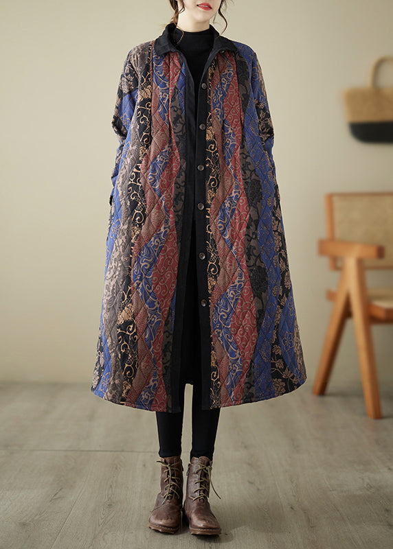 Blue Peter Pan Collar Button Cotton Filled Long Parka Winter