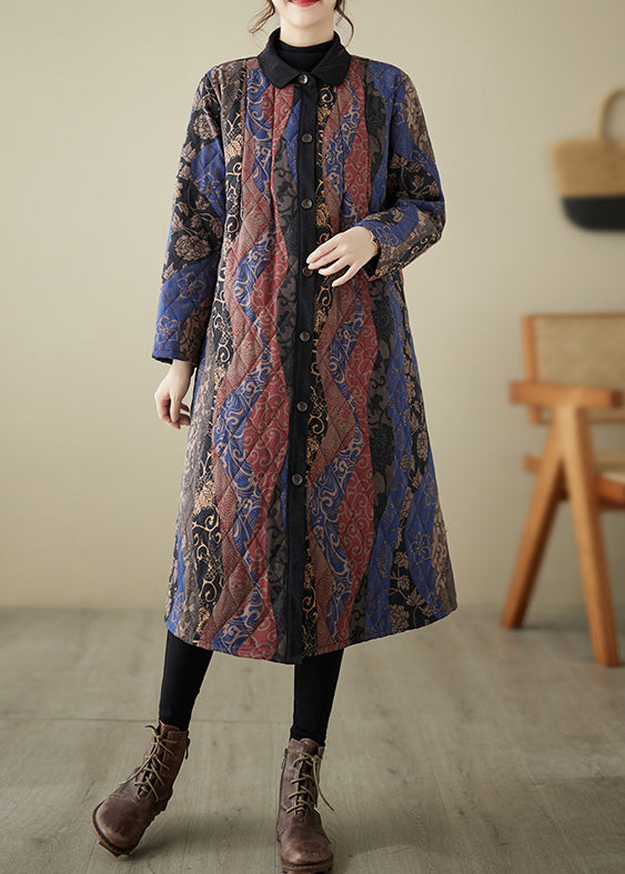 Blue Peter Pan Collar Button Cotton Filled Long Parka Winter