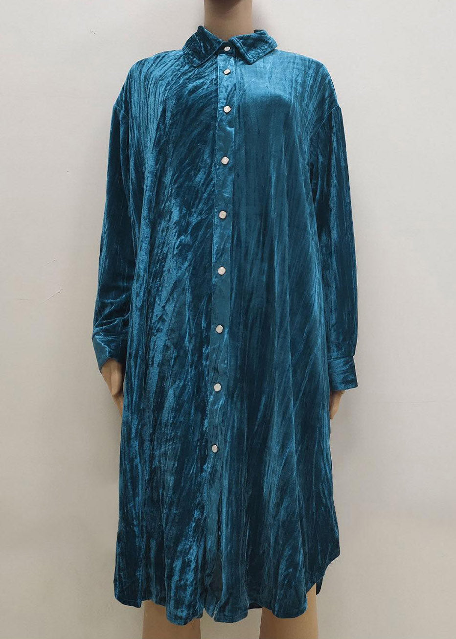 Blue Peter Pan Collar Print Button Velour Long Shirts Dresses Spring