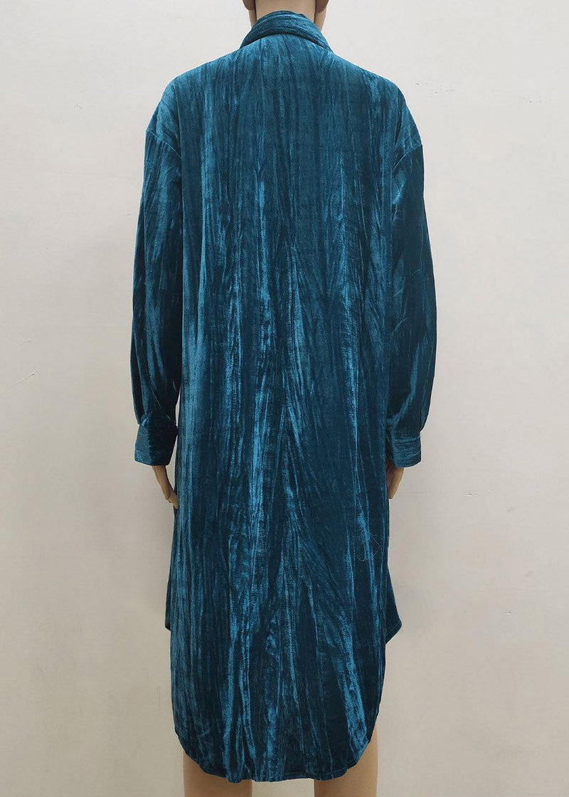Blue Peter Pan Collar Print Button Velour Long Shirts Dresses Spring