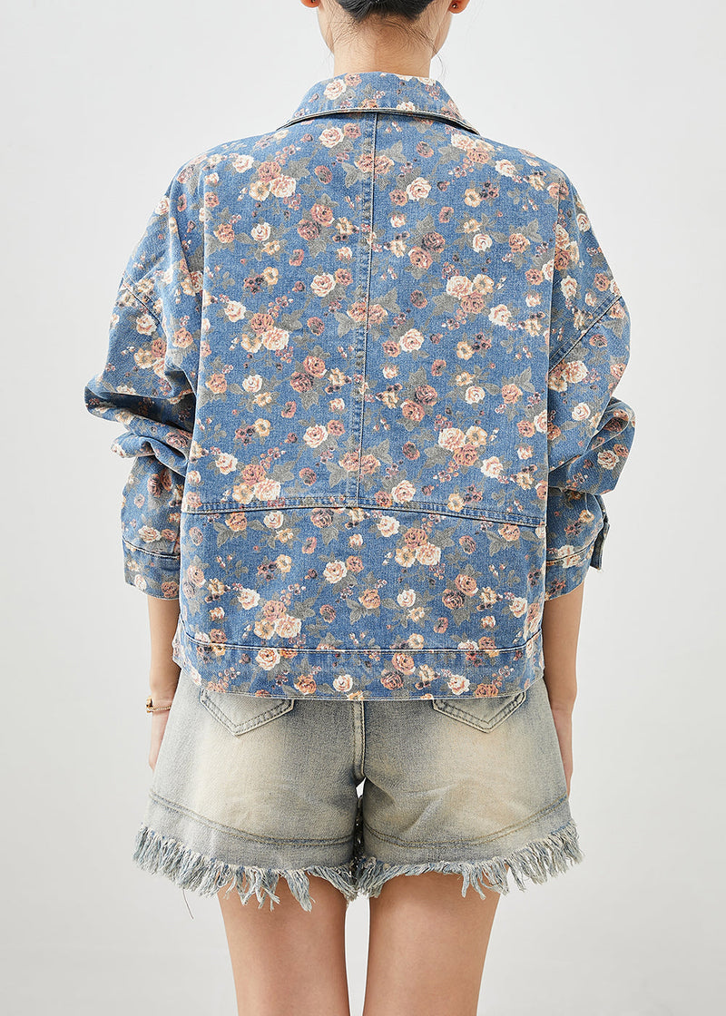 Blue Peter Pan Collar Print Denim Coats Fall