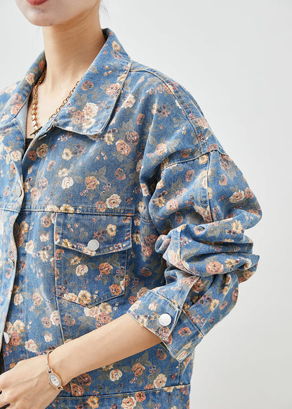 Blue Peter Pan Collar Print Denim Coats Fall