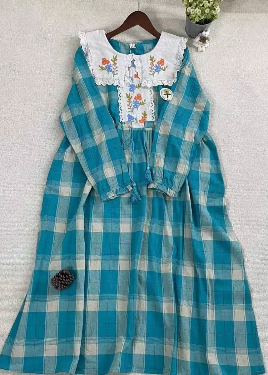 Blue Plaid Embroideried Patchwork Cotton Dress Spring