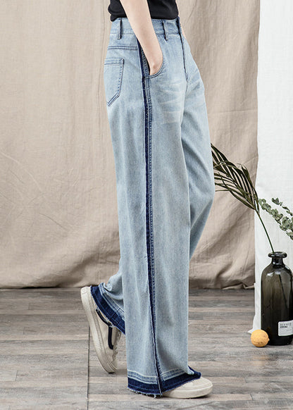 Blue Pockets Patchwork Denim Wide Leg Pants Spring