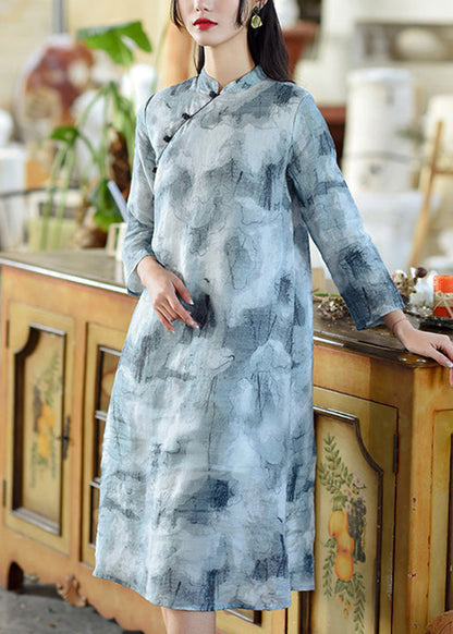 Blue Print Button Patchwork Linen Dress Bracelet Sleeve