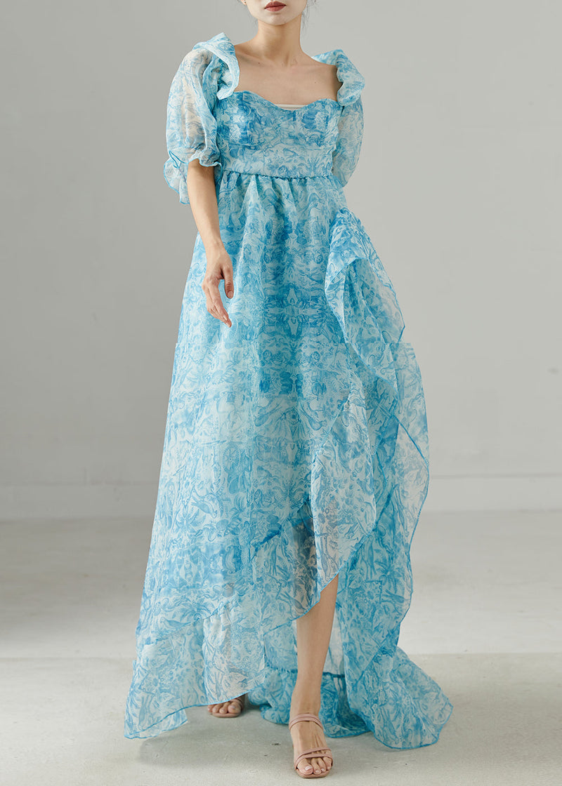Blue Print Chiffon Full Dress Exra Large Hem Summer