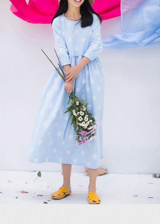 Blue Print Clothes for O Neck Cinched Vestidos De Lino Dresses
