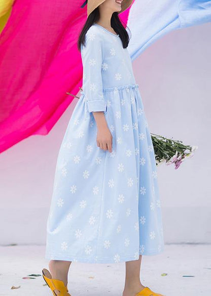 Blue Print Clothes for O Neck Cinched Vestidos De Lino Dresses