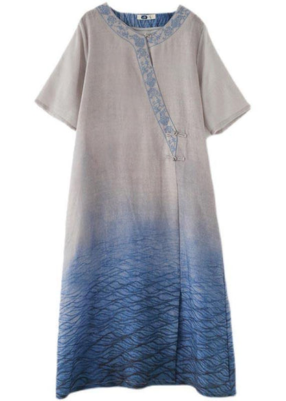 Blue Print Embroidery Oriental Mid Summer Linen Dress