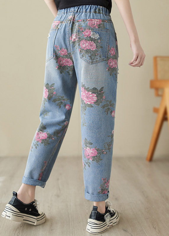 Blue Print High Waist Denim Harem Pants
