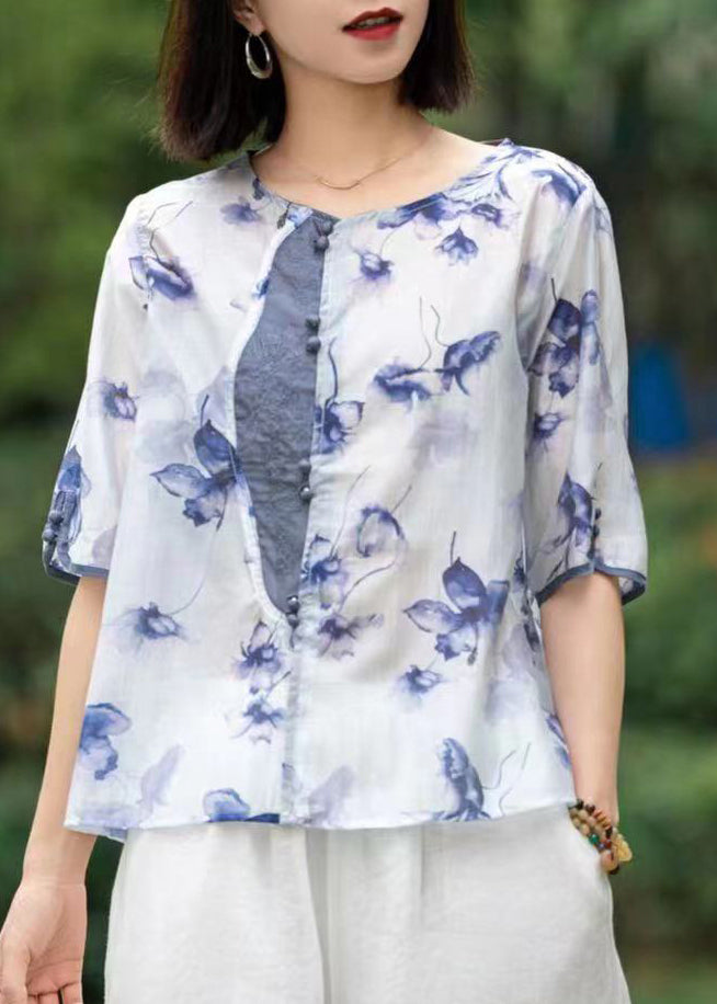 Pink Print Patchwork Linen Shirts Short Sleeve